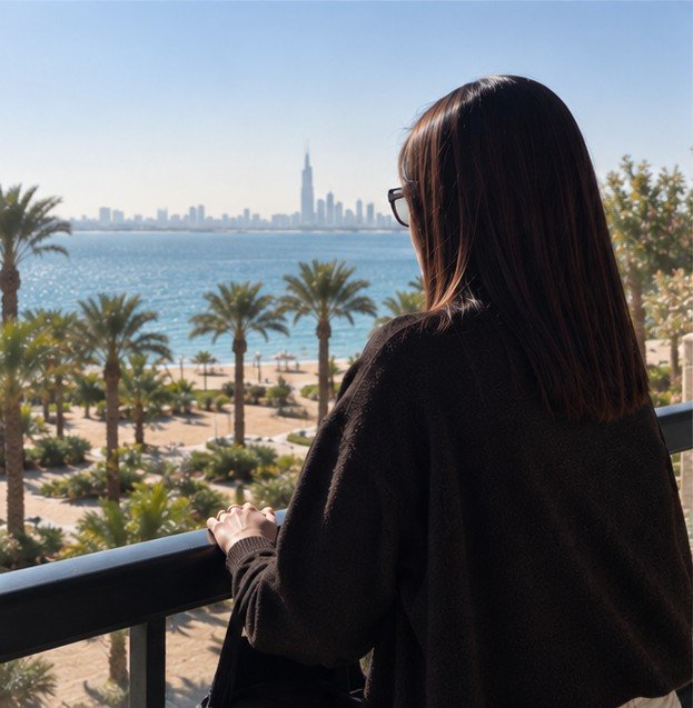 Farkhana looking out from a balcony over palm trees and the sea